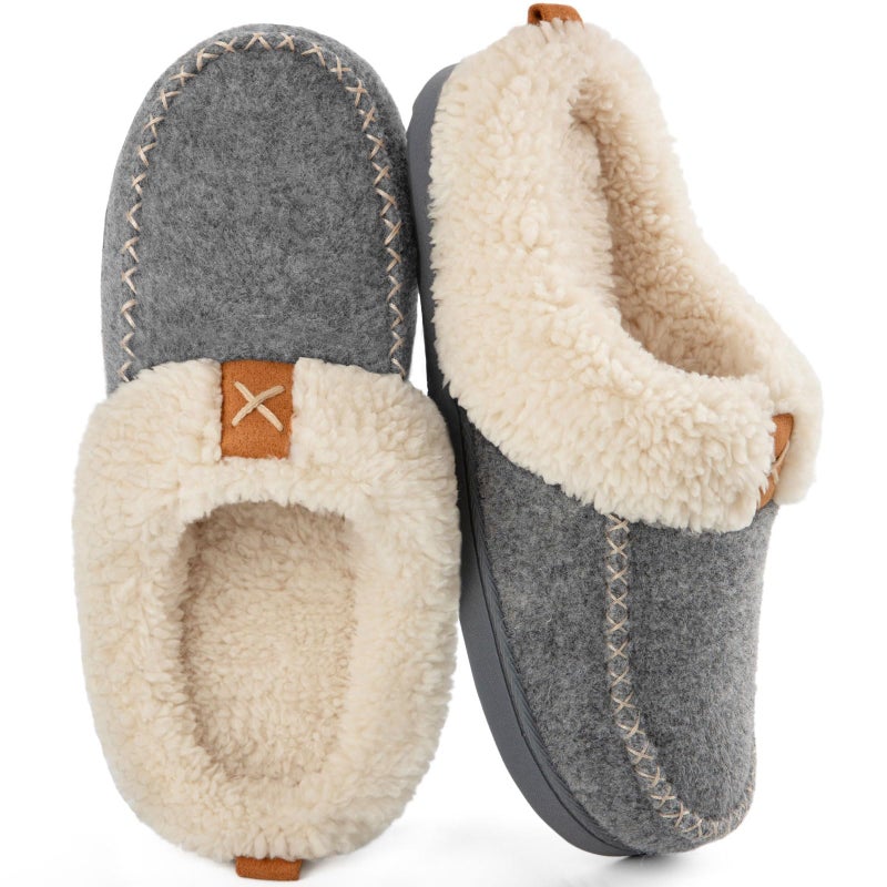 LongBay Womens Felt Sherpa Bedroom Slippers Warm Cozy Wool-Like Moccasin Slippers for Indoor Outdoor Winter Memory Foam House Shoes Slip-On with Fuzzy Plush Lining Grey,9-10 - Image 1